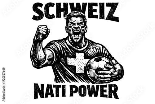Passionate Swiss football fan with ball, aggressive pose, SCHWEIZ text