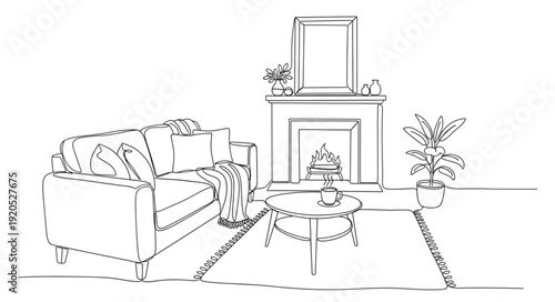 Cozy Living Room Sketch with Sofa and Fireplace.