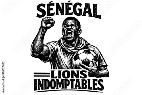 Senegal soccer fan with raised fist and ball, Lions Indomptables