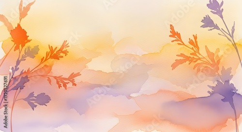 Abstract watercolor background with silhouette of plants