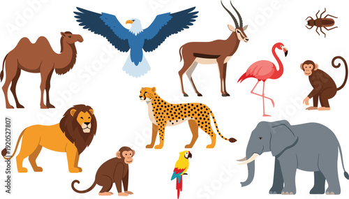 Diverse Wild Animal Vector Collection Featuring Lion, Elephant, Cheetah, Camel, Bald Eagle, Flamingo, Monkeys, and Tropical Parrot for Education and Nature Designs