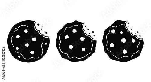 Three chocolate chip cookies with a bite taken black silhouette