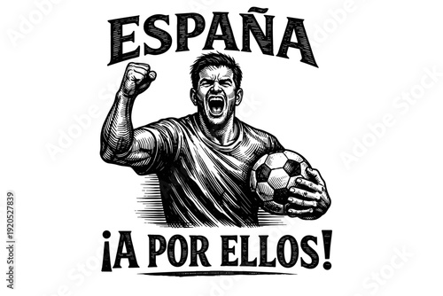 Passionate Spanish fan cheers with soccer ball in woodblock style