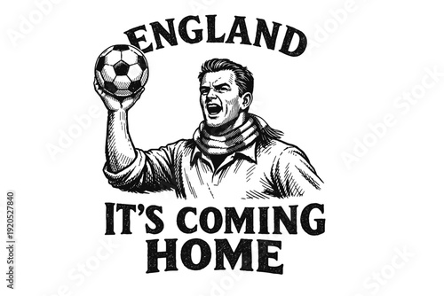 Vintage English football fan holding ball aloft, celebrating victory
