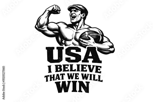Muscular man with football in retro style cheering for USA