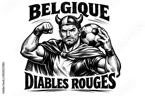 Belgian football fan with soccer ball, viking helmet, "Belgique" text