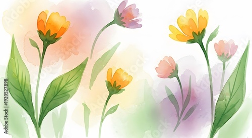 Yellow and pink watercolor flowers with green leaf isolated on white background