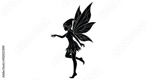 A delicate black silhouette depicts a winged fairy in mid flight poised gracefully with outstretched arms silhouette high quality