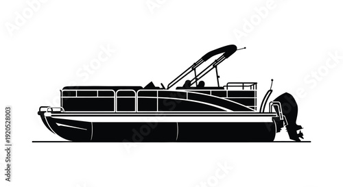 A detailed black and white illustration depicts a pontoon boat with visible seating and a motor silhouette high quality