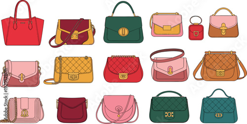 Fashionable Handbag and Purse Vector Collection Featuring Luxury Totes, Quilted Crossbody Bags, and Stylish Clutches for Retail Marketing and Women's Accessory Designs
