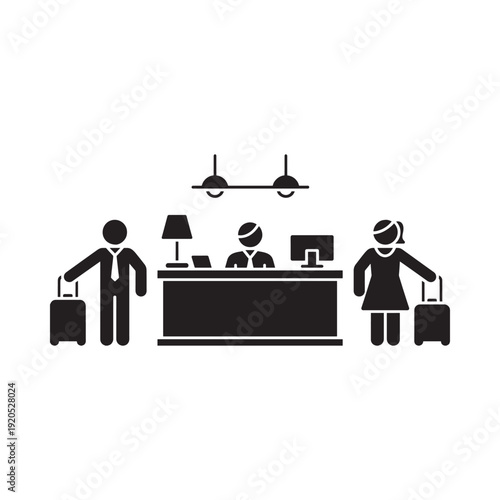 Hotel reception desk with guests checking in depicted in a monochrome style