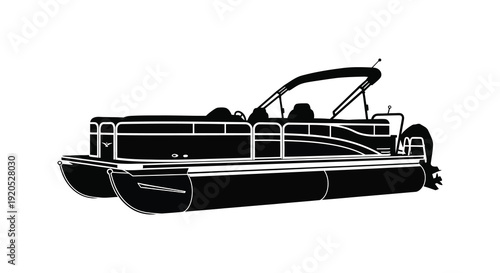 A detailed black outline depicts a pontoon boat on water showcasing its design and features silhouette high quality