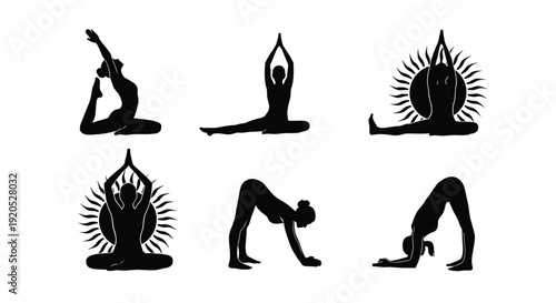 Various yoga poses depicted in striking black shapes a silhouette