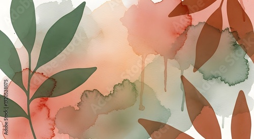 Abstract watercolor splashes with green and terracotta leaves