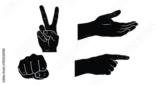 Four black hand gestures displayed against a white background silhouette