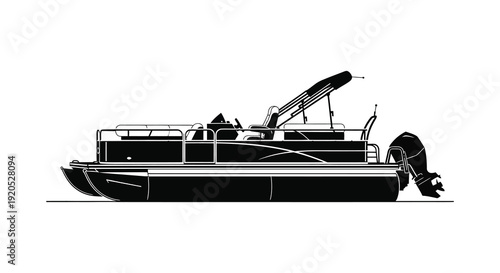 A sleek black pontoon boat is depicted in profile showcasing its design and features silhouette high quality professional detailed
