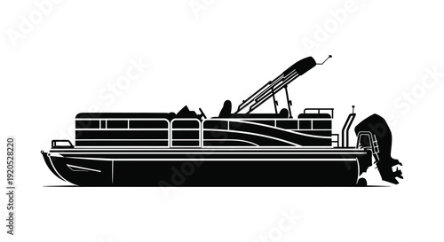 A striking black silhouette depicts a pontoon boat with a modern design and outboard motor silhouette high quality professional