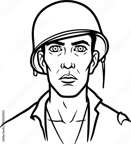 Illustration of a soldier with a shocked facial expression