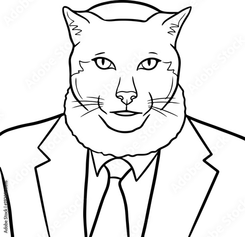 Illustration of a cat wearing a suit with good-looking facial expression