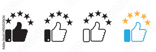 Thumb Up and Five Stars Icon Set – Customer Feedback, Rating, Positive Review, Satisfaction and Approval 
Vector Collection