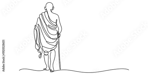 Hand drawn sketch of mahatma gandhi walking with his stick in a minimalist line art style. Vector, illustration