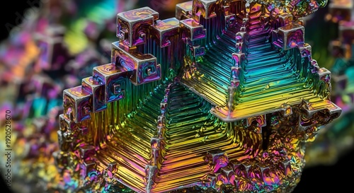 Vibrant, iridescent bismuth crystal showcasing a mesmerizing spectrum of colors and geometric formations