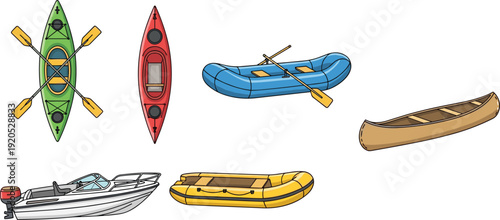 Recreational Watercraft Vector Set Featuring Kayaks, Speedboat, Inflatable Raft, Canoe, and Rowing Boat for Outdoor Adventure and Summer Lake Activities