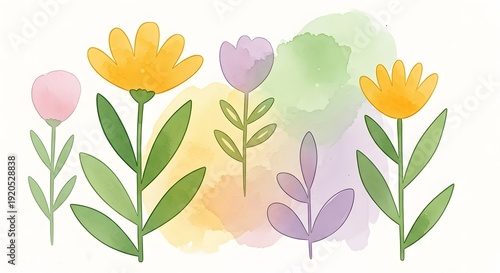 Watercolor flowers and leaves isolated on white background