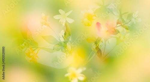 Soft focus delicate white flowers with yellow and pink hues