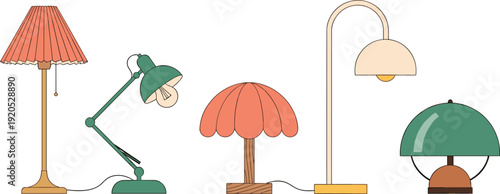 Retro Table Lamp Vector Set Featuring Mid-Century Modern Architect Desk Lamps, Pleated Shades, and Mushroom Style Lighting for Interior Design and Home Decor Illustrations