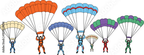Skydiver and Paraglider Vector Collection Featuring Colorful Parachutes and Divers in Flight for Extreme Sports Branding, Adventure Travel, and Aerial Activity Designs