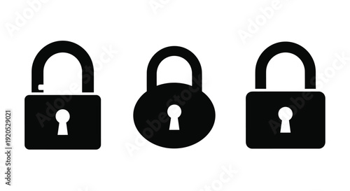 Three black padlocks displayed in a row simple silhouette