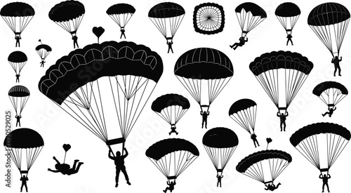 Skydiver Silhouette Vector Mega Set Featuring Parachutists, Paragliders, and Freefall Figures in Various Aerial Poses for Extreme Sports Logos and Adventure Graphic Design