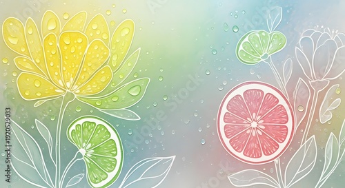 Citrus slices and flowers with water drops on a soft gradient background