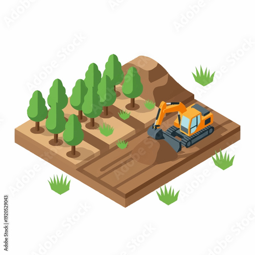 Excavator on a construction site with trees and soil.