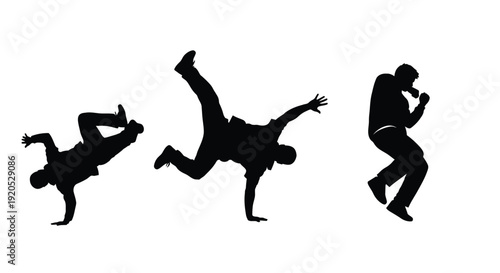 Dynamic breakdancer poses captured in a striking black silhouette