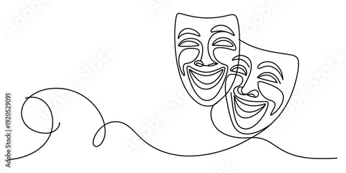 Continuous line drawing of two happy theatre comedy masks on a white background Vector, illustration