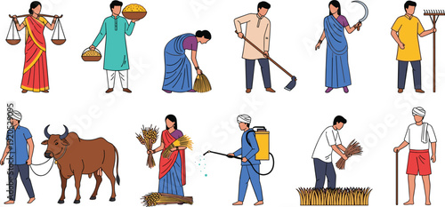 Traditional Indian Agriculture Vector Collection Featuring Farmers Harvesting, Plowing with Oxen, and Carrying Grain for Rural Development and Cultural Illustration