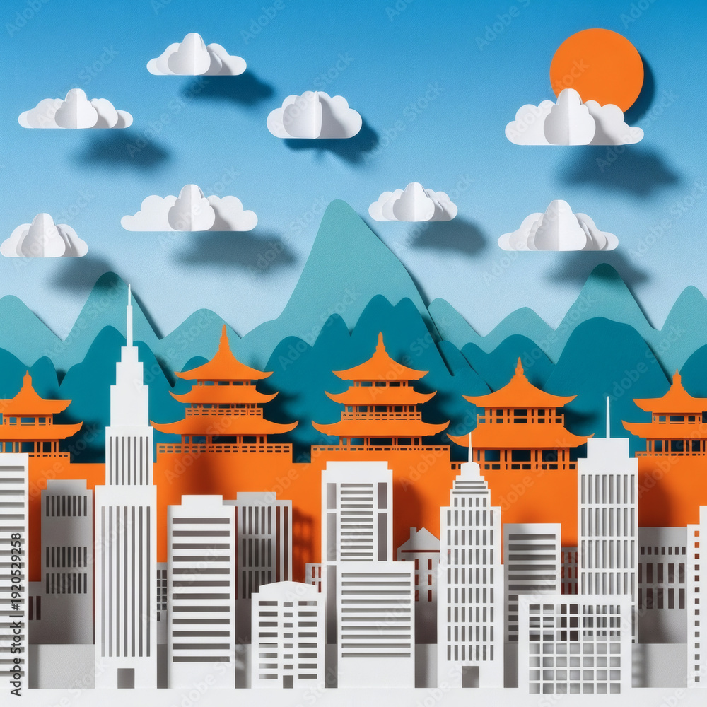 Obraz premium Cityscape with Traditional Asian Architecture Buildings.