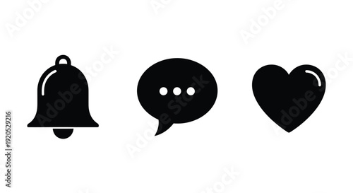 Three notification icons in black bell chat and heart silhouette