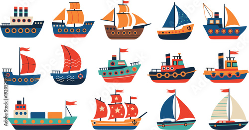 Whimsical Nautical Ship and Boat Vector Set Featuring Sailboats, Steamships, Galleons, and Cargo Vessels for Childrens Decor, Maritime Branding, and Ocean Travel Designs