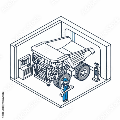 Isometric illustration of a mining dump truck in a workshop with a mechanic.