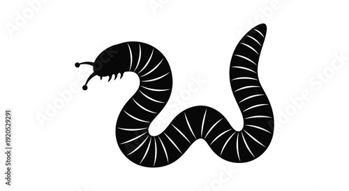 A striking black silhouette depicts a segmented worm like creature in a dynamic curved pose silhouette high quality professional detailed