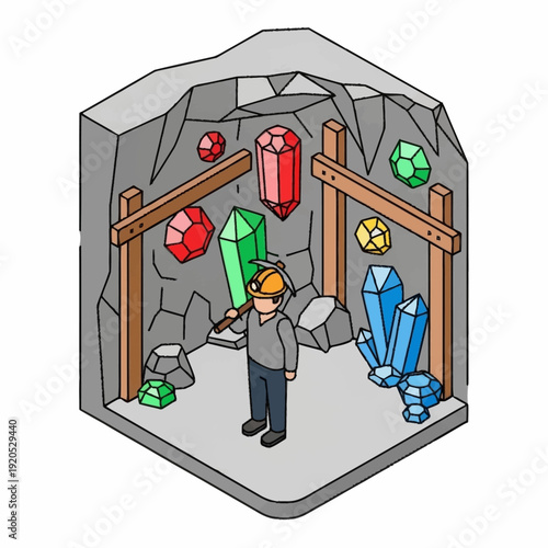 Miner examining precious gems in underground mine shaft.