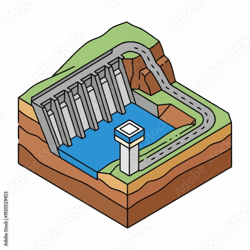 Isometric illustration of a hydroelectric dam with water reservoir and power generation.