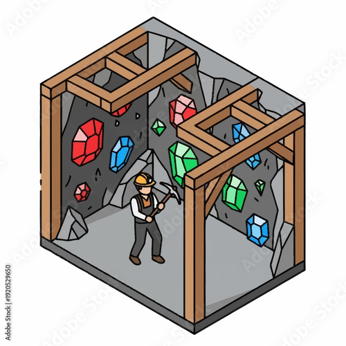Miner extracting precious gems from a rocky mine shaft.