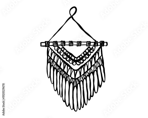 Hand drawn macrame wall hanging with fringe and beads boho home decor ornament black outline isolated on white background handmade textile art. Vector illustration