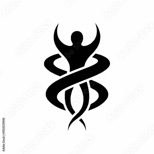 Stylized human figure with a snake wrapped around it.