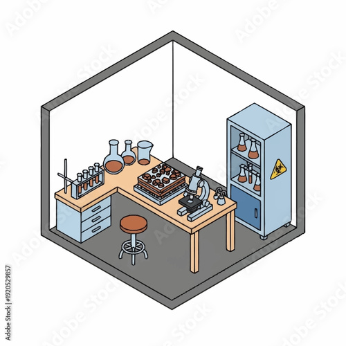 Isometric Laboratory Workspace with Equipment and Storage.