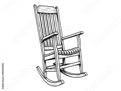 A traditional wooden rocking chair with a high back and armrests